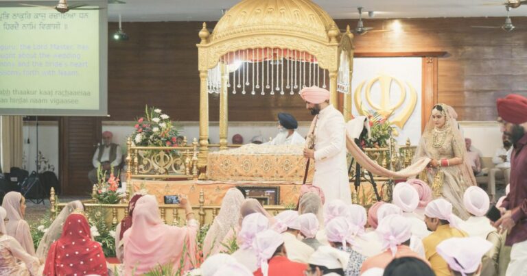 anand-karaj-ceremony-sikh-wedding-chandigarh-04 Anand Karaj ceremony Sargun Kanwar Sikh wedding Gurdwara Chandigarh Couple taking Lavaan Sikh wedding ceremony photography Granthi conducting Anand Karaj Sikh wedding Chandigarh Couple with rumala Sikh wedding ceremony tradition Sacred Sikh wedding ceremony Guru Granth Sahib Chandigarh