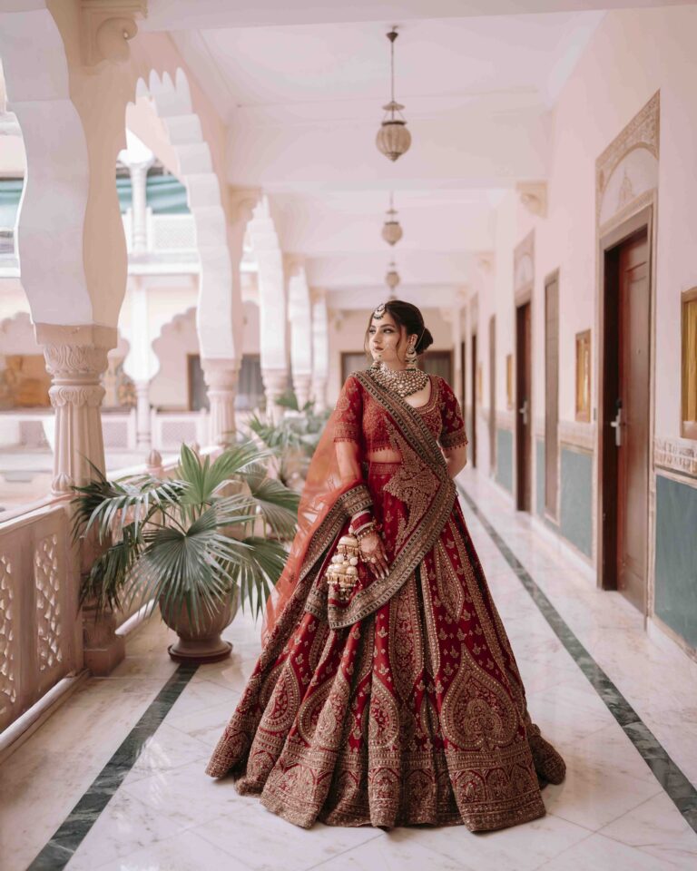 bride-full-outfit-red-lehenga-portrait-04 Beautiful bride in full red lehenga outfit with intricate embroidery and jewelry Chandigarh