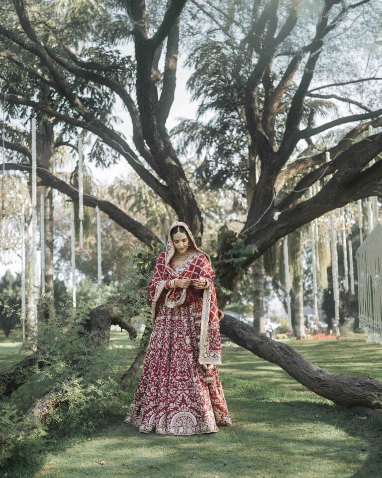 bride-outdoor-shoot-with-red-lehenga-01 Outdoor bridal portrait in red lehenga with natural lighting Chandigarh wedding photography